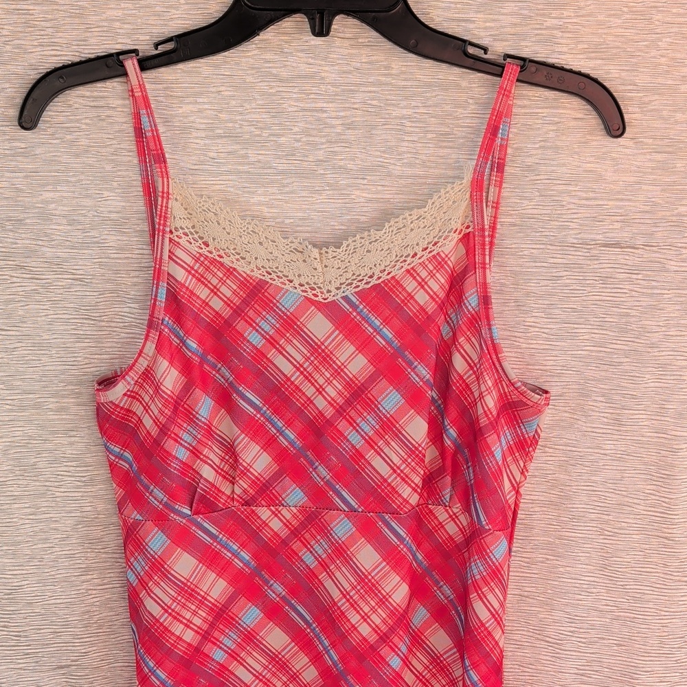 Plaid Slip Dress Red and Blue Lace Spaghetti Strap - Picture 5 of 8